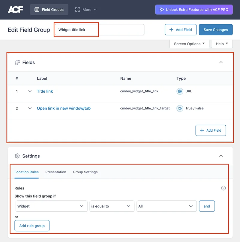 ACF Imported Field Group Settings